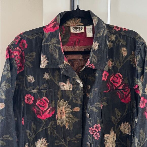 Chicos Vintage Black Floral Tapestry Jacket Coat Button Down Classic Size 2 (L) - Picture 3 of 14